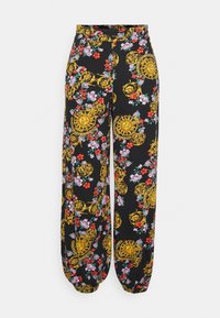 Czarne spodnie o szerokich nogawkach z kwiatowym i złotym wzorem dekoracyjnym. Elastyczny pas, miękki materiał, marszczony dół przy mankietach.
