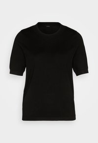 Sort kortærmet top med rund halsudskæring. Glat tekstur, enkelt design og ribbede detaljer ved halsen og ærmerne.