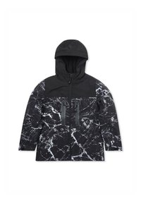 Giacca nera con un motivo in marmo bianco, dotata di cappuccio, due tasche frontali con zip e un pannello superiore completamente nero.