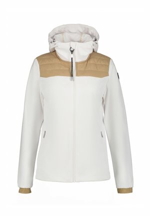 Witte jas met een tan gekleed bovenste gedeelte, verstelbare capuchon, rits in het midden en ritszakken aan de zijkant. Getextureerde manchetten met tan accenten.