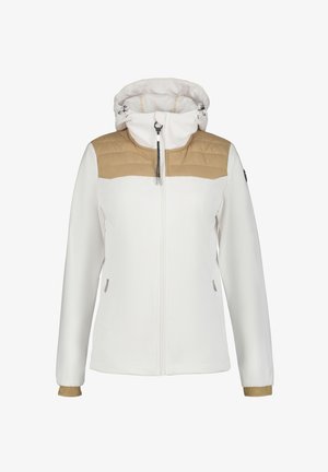 Witte jas met een tan gekleed bovenste gedeelte, verstelbare capuchon, rits in het midden en ritszakken aan de zijkant. Getextureerde manchetten met tan accenten.