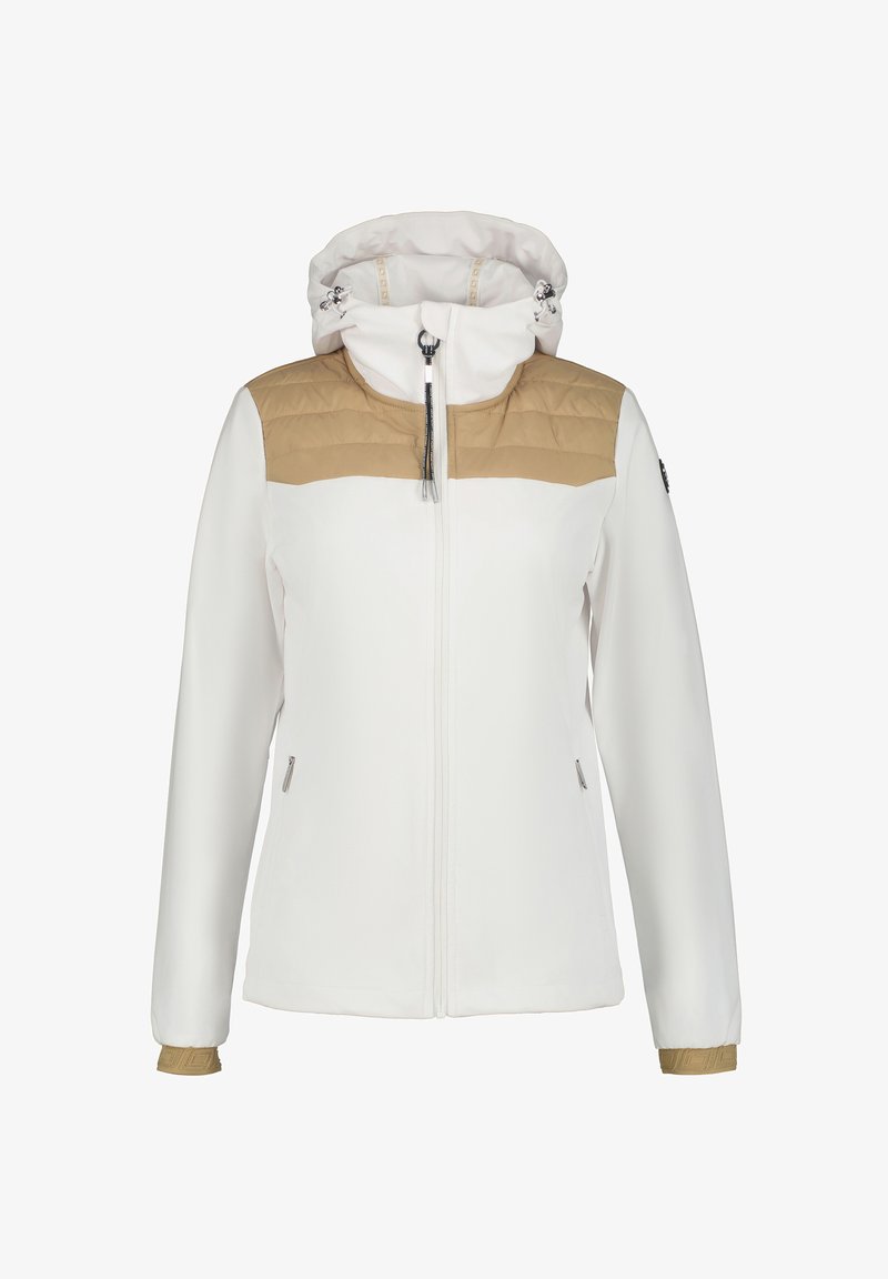 Veste blanche avec une partie supérieure matelassée beige, capuche ajustable, fermeture éclair centrale et poches latérales zippées. Manches texturées avec des accents beiges.