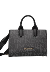 Borsa a mano in pelle nera con logo Valentino impresso, hardware dorato, doppio manico superiore e tracolla removibile. Forma rettangolare.