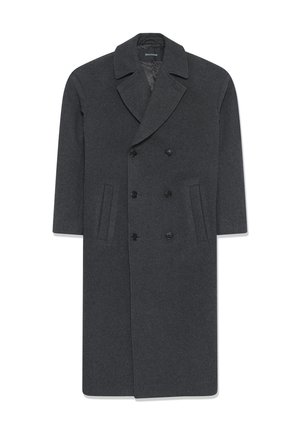 Double-breasted coat in dark gray wool, featuring a notched collar, two front pockets, and button closure. Textured fabric with smooth lining.