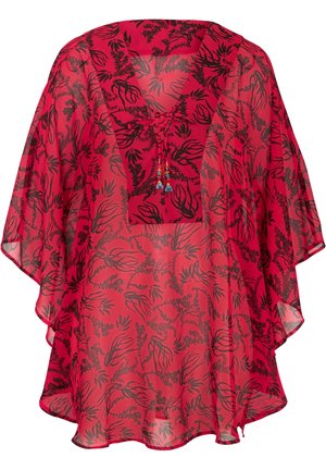 Kaftano rosso trasparente con motivo floreale nero, scollatura a V con chiusura a laccio, decorato con perline colorate. Design morbido e leggero con maniche ampie.