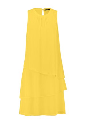 Sleeveless yellow layered dress with round neckline and keyhole button closure at the back.