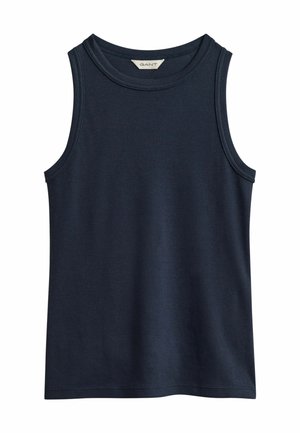Débardeur bleu marine côtelé sans manches avec encolure ronde et étiquette GANT à l'intérieur du col.