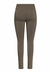 Olijfgroene stretch jeggings met een slim fit, voorzien van een gladde textuur en twee achterzakken met subtiele stikseldetails.