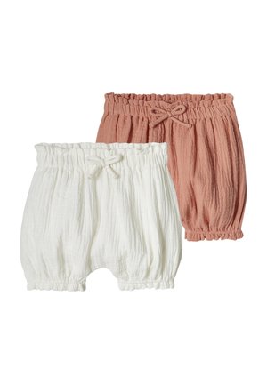 Zwei Paar strukturierte Baby-Shorts mit elastischen Bündchen und Kordelzug, eines in Weiß und eines in Staubrosa.