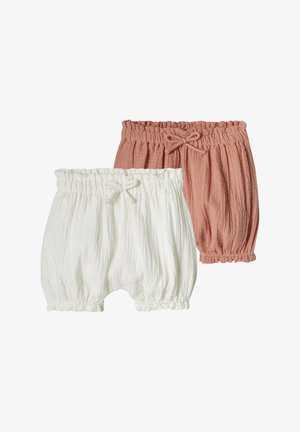 Zwei Paar strukturierte Baby-Shorts mit elastischen Bündchen und Kordelzug, eines in Weiß und eines in Staubrosa.