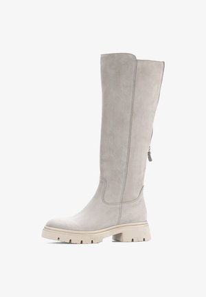 Gray suede knee-high boot with a zipper closure, featuring a chunky white sole and simple stitching details. Smooth texture, minimalist design.