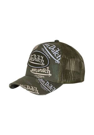 Von Dutch, CASQUETTE TRUCKER EFFET USÉ AVEC PATCH ET PRINT CAFÉ OLIVE - Casquette - kaki