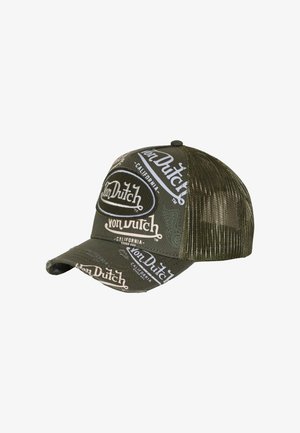 Von Dutch, CASQUETTE TRUCKER EFFET USÉ AVEC PATCH ET PRINT CAFÉ OLIVE - Casquette - kaki