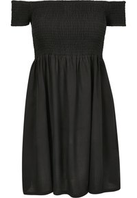 Sorte avtakbar kjole med smock-bodice og flytende skjørt. Laget av lett materiale, med en ensfarget og avslappet passform.