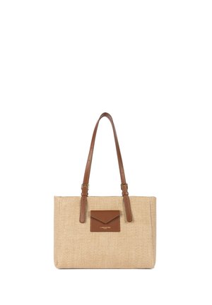 Sac cabas beige tissé avec deux anses en cuir marron et une petite poche en cuir marron à l'avant avec le logo Lancaster.