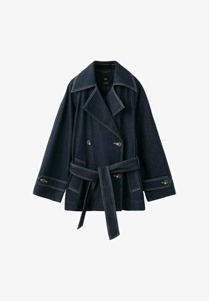 Veste en denim bleu foncé à double boutonnage avec larges revers, taille ceinturée, poignets à boutons et poches avant.