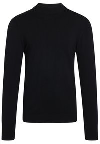 Mustat neulotut neuleet, joissa on korkea kaulus, pitkät hihat, ja ribbaantuneet hihansuut ja helma. Liukas pinta, ei näkyviä kuvioita tai yksityiskohtia.