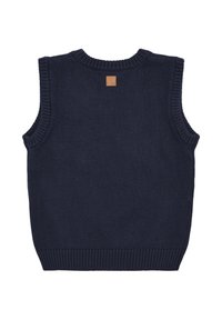 Navyblaue Strickweste mit gerippten Kanten, rundem Halsausschnitt und einem kleinen Lederetikett auf der Rückseite. Glatte Textur mit klassischem Design.