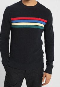 Pull en tricot bleu marine avec une texture côtelée présentant des rayures horizontales en rouge, bleu, vert et crème sur la poitrine. Encolure ronde.