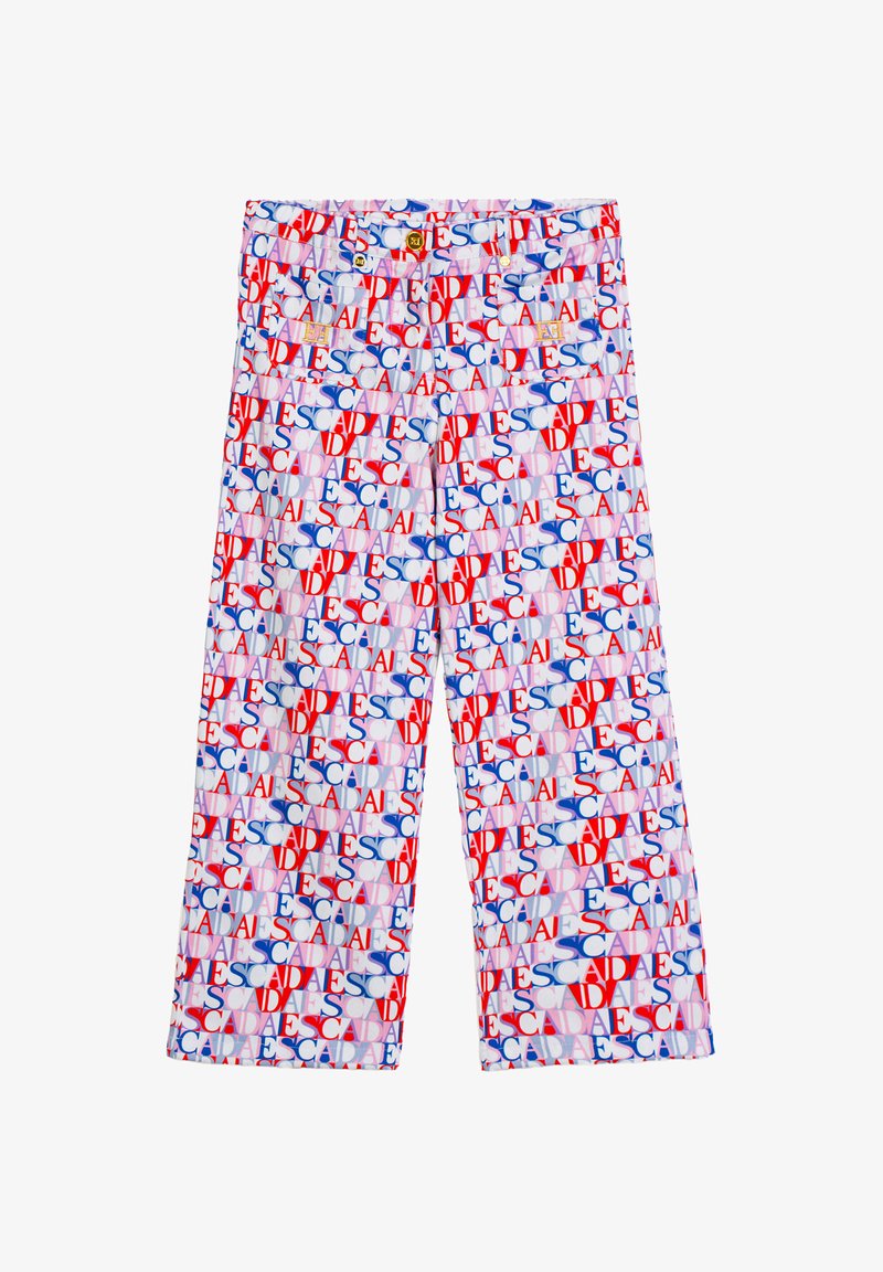 Pantaloni colorati con motivo ripetuto del logo ESCADA in rosso, blu e rosa, dotati di tasche frontali e dettagli con bottoni dorati.