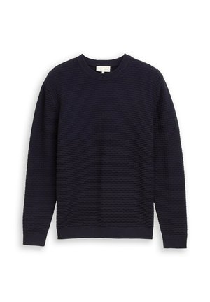Navyblauer Strickpullover mit strukturiertem Muster, Rundhalsausschnitt und langen Ärmeln. Verfügt über einen gerippten Saum und Ärmelbündchen sowie ein kleines Logo-Detail am Ärmel.