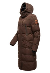 Brown padded coat with a hood, featuring zippers on front pockets, ribbed cuffs, and a textured logo patch on the sleeve.