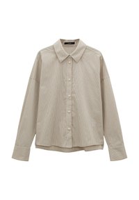 Striped long-sleeve shirt in beige and subtle pastels, featuring a pointed collar, front buttons, and a slightly cropped hemline.