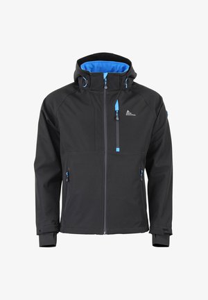 Giacca nera con interno blu, dotata di un colletto alto, tasche con zip e cappuccio regolabile. Texture liscia, design moderno e accenti a contrasto.