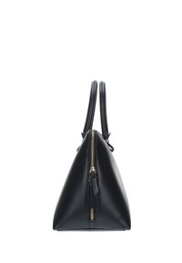 Borsa a mano in pelle nera con forma triangolare, dotata di due manici superiori, una cerniera dorata e una superficie liscia.