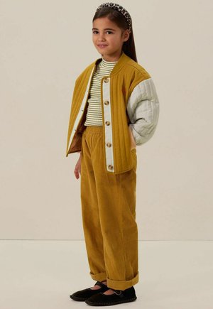 Veste en velours côtelé jaune avec des manches matelassées blanches, chemise rayée, pantalon en velours côtelé jaune assorti et chaussures noires à enfiler.