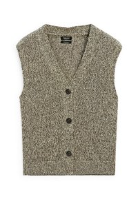 Gilet senza maniche in un morbido tessuto marrone heathered, con scollatura a V e quattro bottoni scuri lungo la parte anteriore.