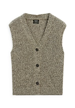 Ärmellose Strickweste aus einem weichen, melierten braunen Stoff, mit einem V-Ausschnitt und vier dunklen Knöpfen auf der Vorderseite.