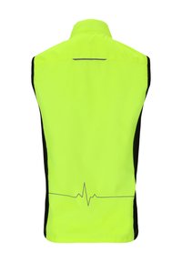 Fluo geel mouwloos vest met een zwart zijpaneel, met een grafische lijn van een hartslag op de achterkant. Glad textuur, lichtgewicht stof.