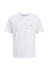 Weißes Baumwoll-T-Shirt mit kurzen Ärmeln, Rundhalsausschnitt und kleinem schwarzem Logo auf der Brust. Klassische Passform und glatte Textur.