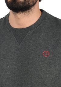 Grijze sweatshirt met een ronde hals en textuurstof, met een klein rood geborduurd logo op de linkerkant van de borst.