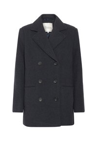 Tamsiai pilkas dvigubas vilnonis paltas su plačiais apykaklėmis, šešiais juodais mygtukais ir dviem priekiniais siaurais kišenėmis, dydis 38 iš My Essential Wardrobe.