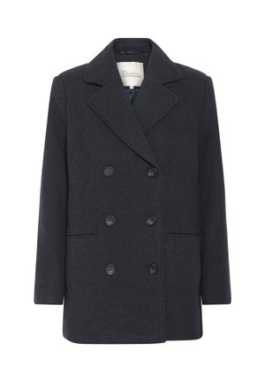 Tamsiai pilkas dvigubas vilnonis paltas su plačiais apykaklėmis, šešiais juodais mygtukais ir dviem priekiniais siaurais kišenėmis, dydis 38 iš My Essential Wardrobe.