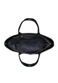 Black leather tote bag with two handles, zip closure, and spacious interior. Interior has zip pocket and smooth, soft lining.