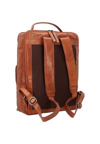 Zaino in pelle marrone con pannello in rete, spallacci imbottiti regolabili e manico superiore. Chiusura con zip. Presenta tasche laterali per lo stoccaggio.