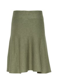 Jupe en tricot vert au design évasé, avec une large taille et une texture lisse, tombant juste au-dessus du genou.