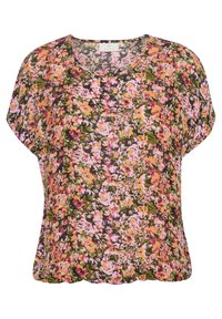 Blouse fleurie avec un col arrondi, manches courtes, présentant un motif vibrant rose, jaune et vert sur un fond sombre. Tissu léger.