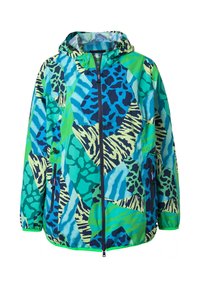 Kurtka z kapturem, zapinana na pełny zamek błyskawiczny z przodu, z elastycznymi mankietami i żywym abstrakcyjnym wzorem zwierzęcym w odcieniach niebieskiego, zielonego i kremowego.