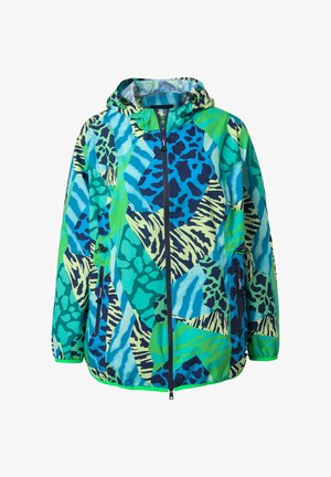 Gewatteerd jack met volledige ritssluiting aan de voorkant, elastische manchetten en een levendige abstracte dierenprint in blauwtinten, groen en crème.