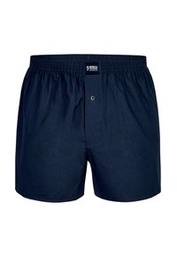 Námořnické modré bavlněné šortky s elastickým pasem, knoflíkovým zapínáním a jednou přední kapsou, s hladkou, lehkou texturou.