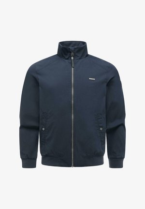Navy blue men's bomber jacket with front zipper, two snap-button pockets, ribbed cuffs, and a stand-up collar.