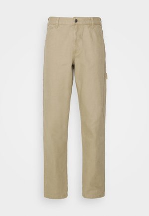 Beige cotton trousers with a straight-leg design, featuring a front button closure, five pockets, and a side cargo pocket.