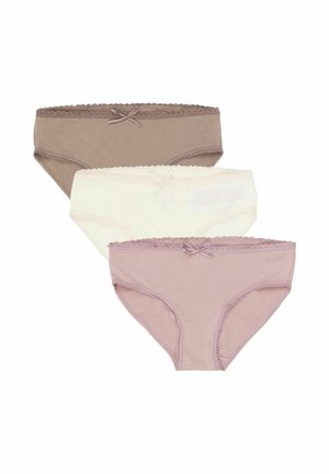 Trzy damskie bawełniane majtki w kolorze brązowym, kremowym i mauve, każda z koronkową lamówką i małą kokardką na środku talii.