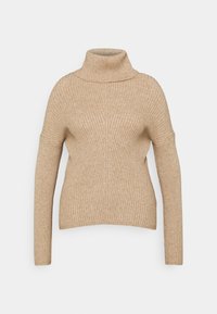 Beiger Strickpullover mit hohem Rollkragen, geripptem Muster, langen Ärmeln und kastiger Passform. Verfügt über eine vertikale Naht am Vorderteil.