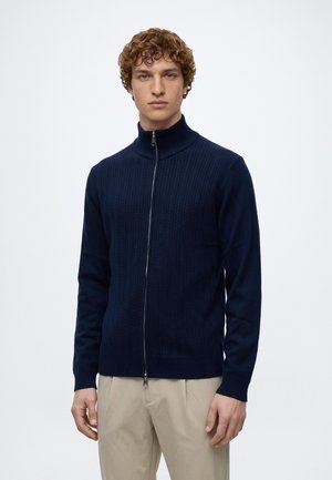 Jeune homme aux cheveux bouclés portant un pull en maille bleu marine zippé intégralement et un pantalon beige, debout devant un fond clair uni.