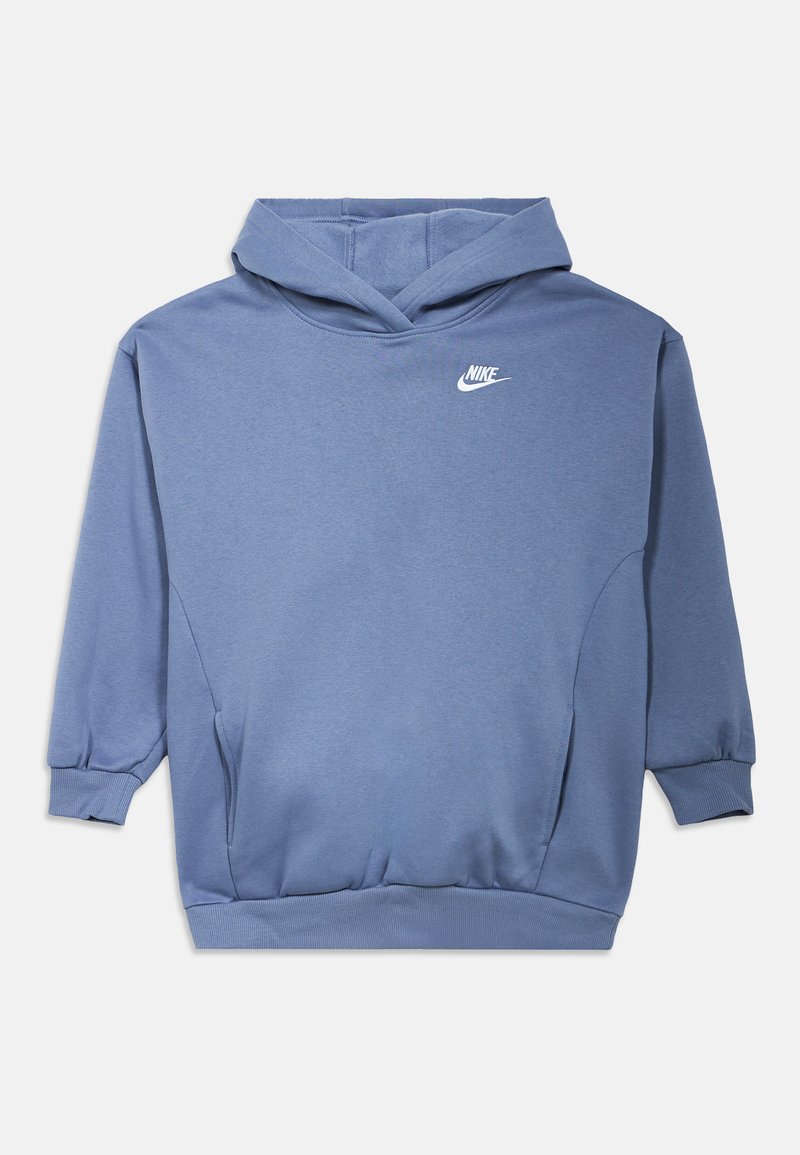 Sweatshirt azul da Nike, feito de tecido macio, com um bolso frontal, punhos canelados e um logótipo branco no peito. Design com capuz e costuras cosidas.